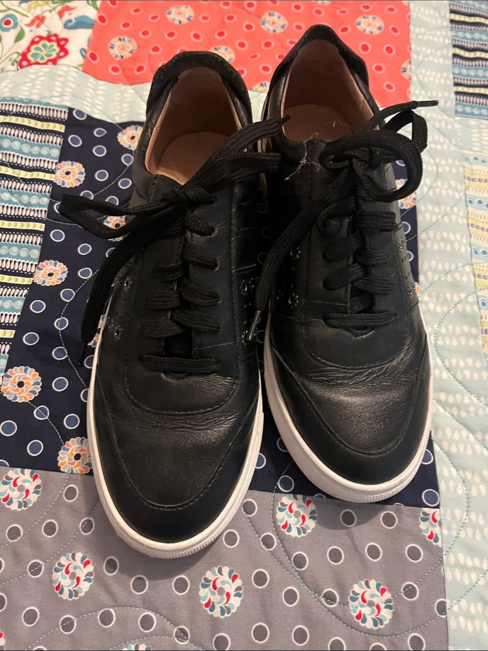 Halogen Black Leather Low-Top Lace-Up Sneakers with White Sole